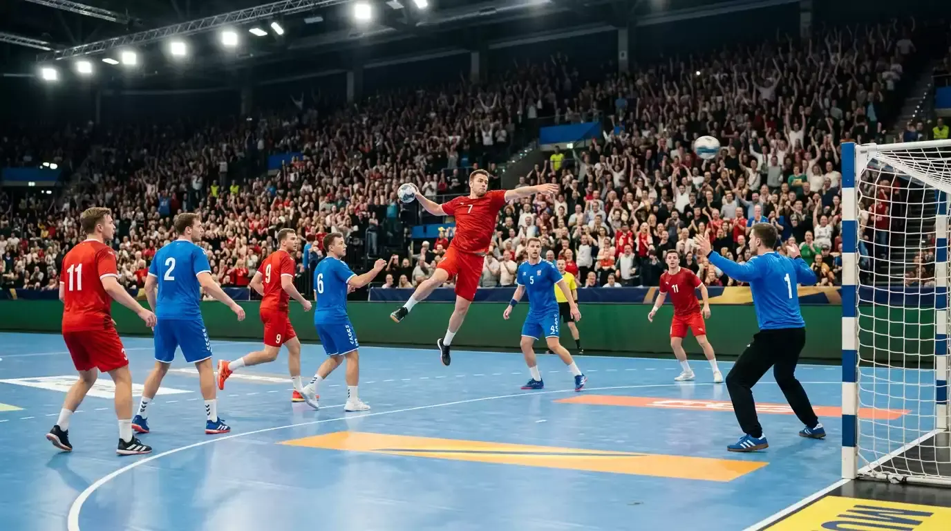 Håndboldkamp i arena med spillere i aktion og betting-markeder
